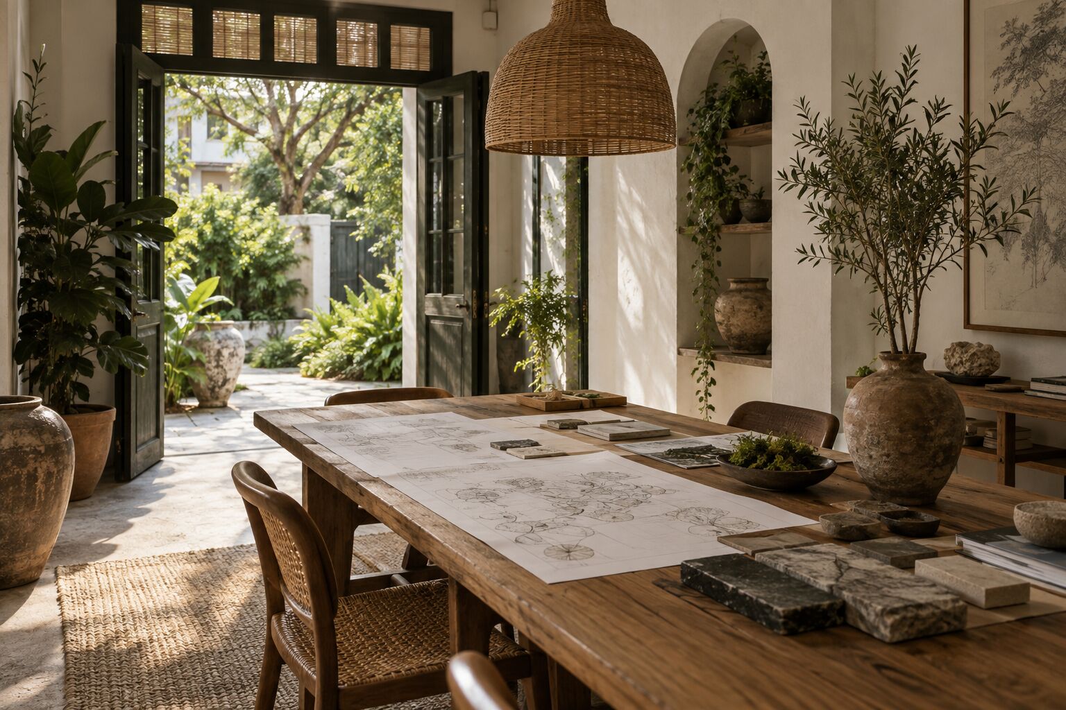 The Moss and Stone studio: an oak table with garden plans and stone samples, garden beyond the open door