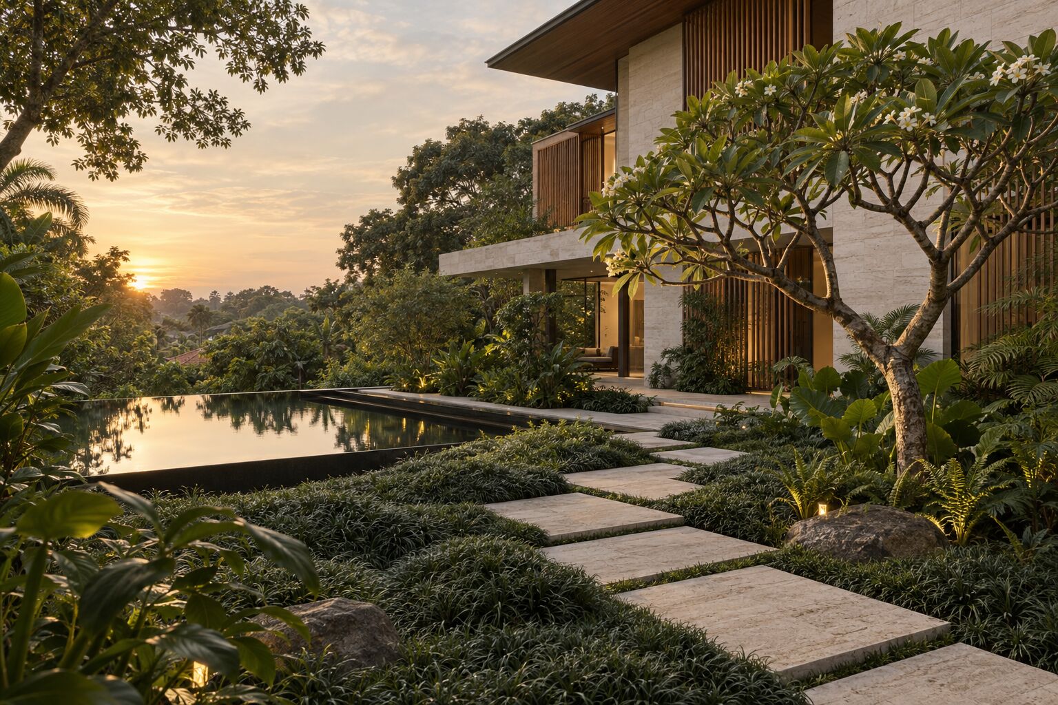 A landed house garden at golden hour with travertine stepping stones, a frangipani tree and a reflecting pool