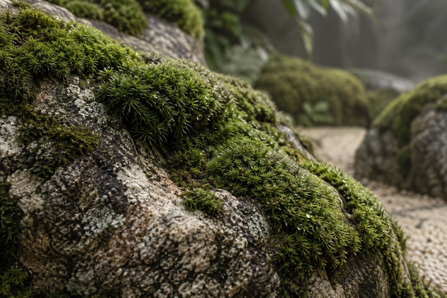 Cushion moss growing over weathered granite