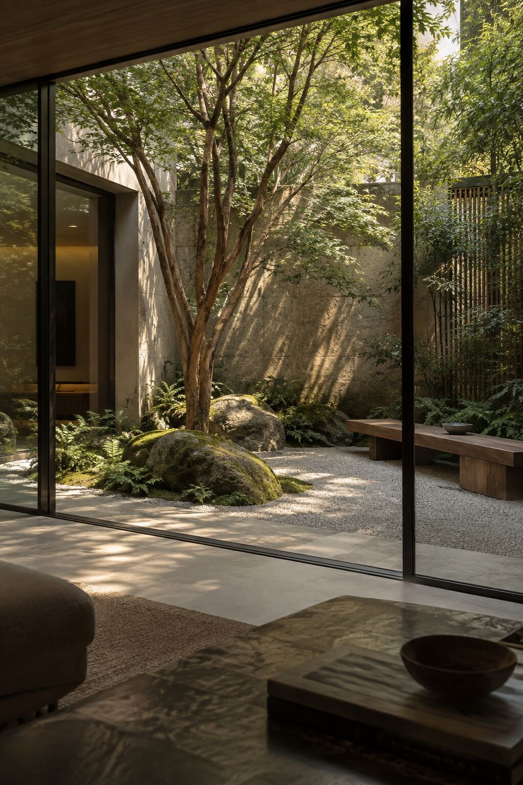 Internal courtyard garden seen through floor-to-ceiling glass