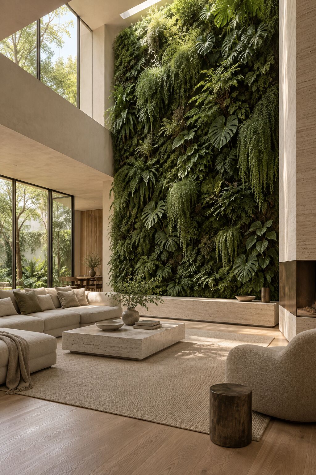 Double-height indoor living green wall in a minimalist living room