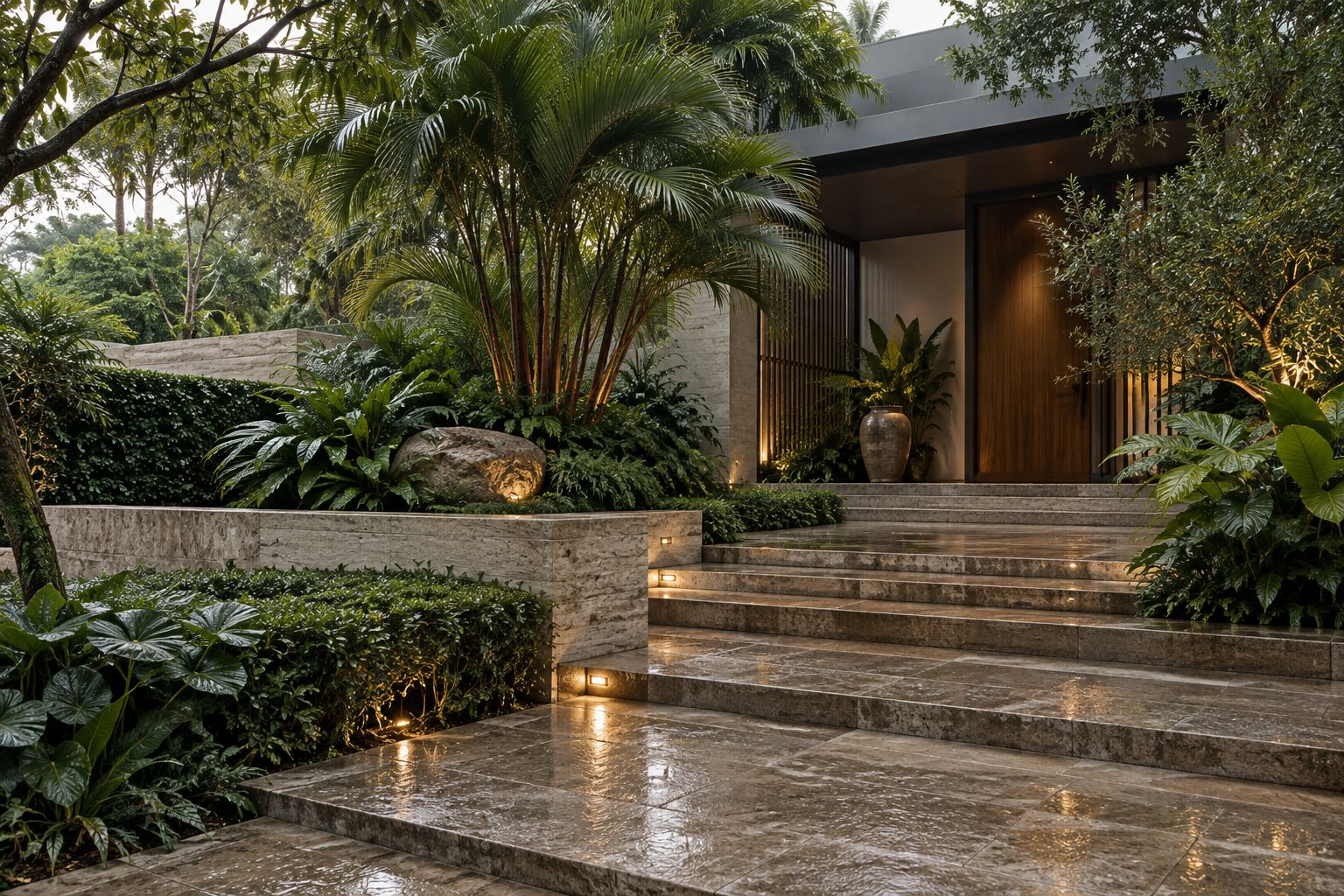 Front garden of a modern landed house with granite steps and layered tropical planting