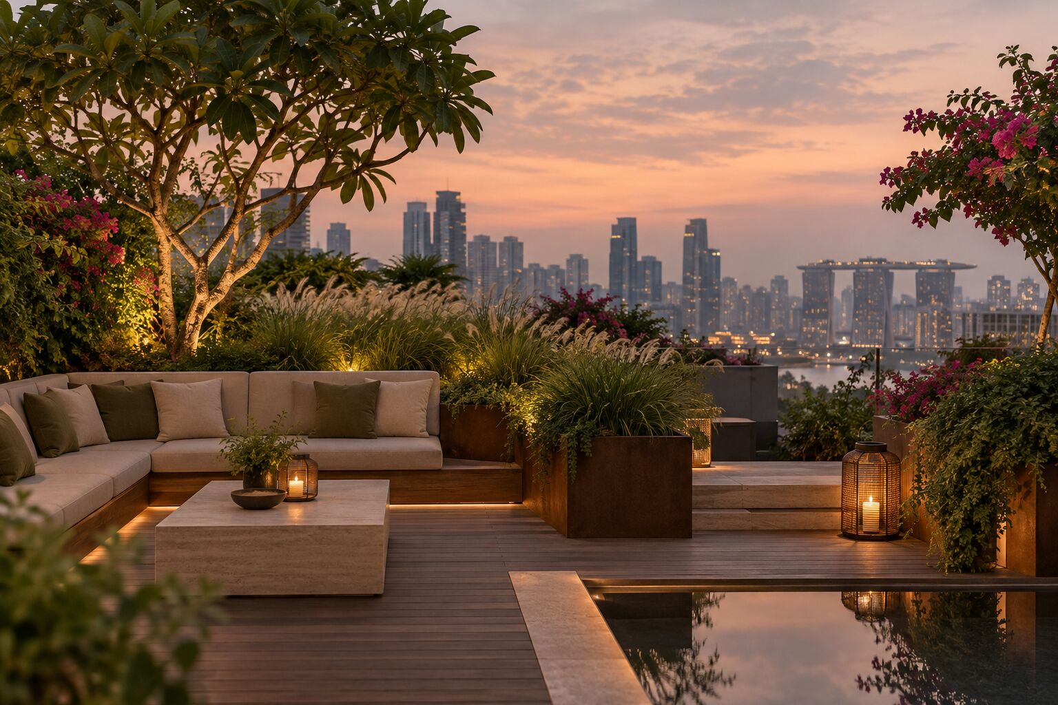 Condominium rooftop garden at dusk with city skyline