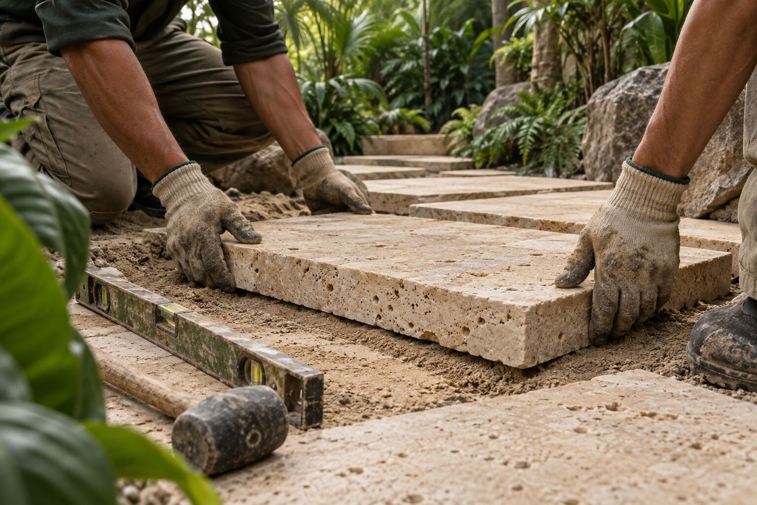 Gloved hands setting a travertine stepping stone