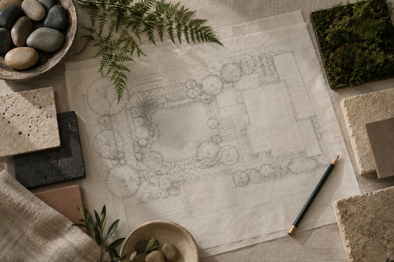 A garden plan on tracing paper with stone and plant samples